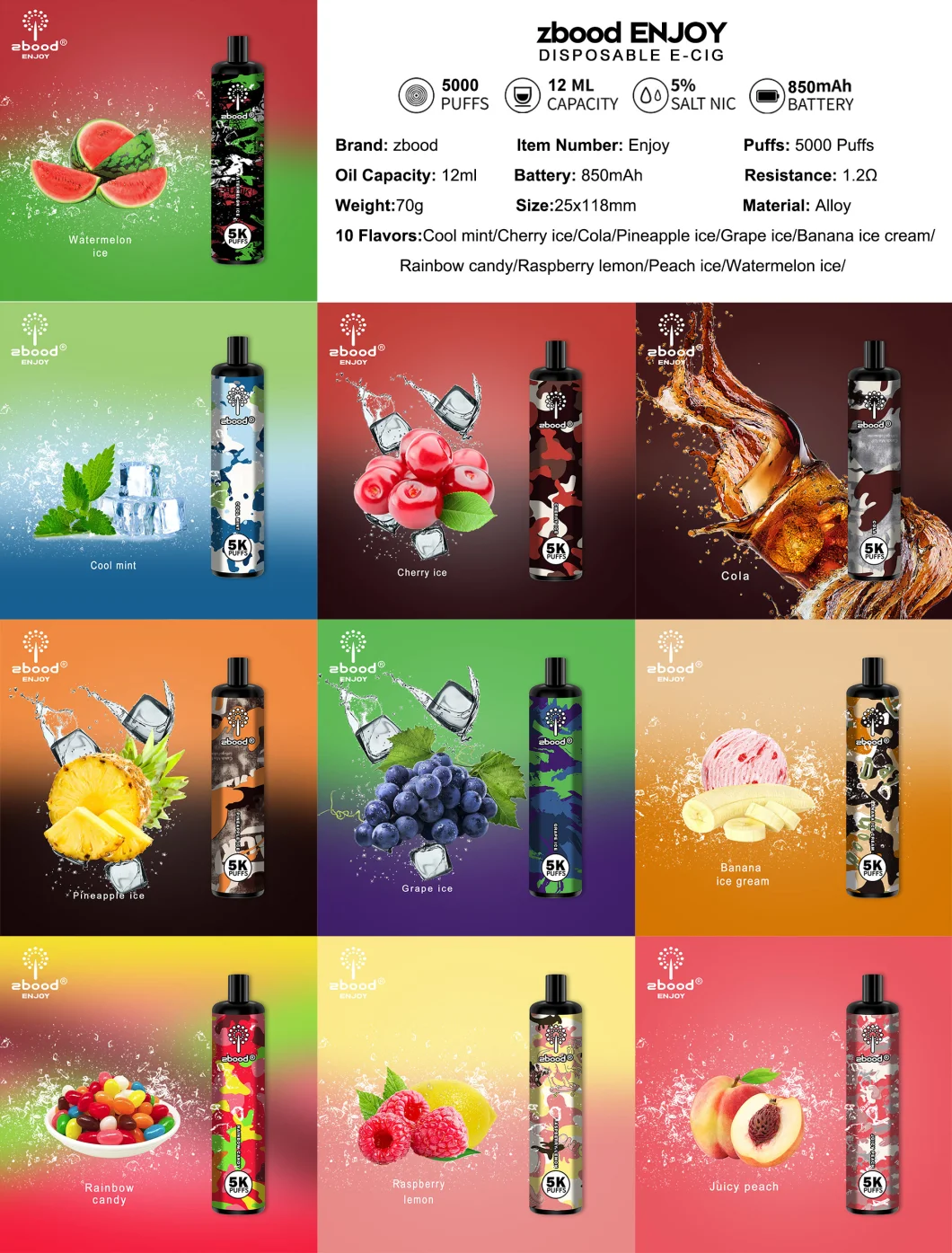 Best Quanlity Wholesale Price Vabeen Zoob E-Cigarette Starter Kits 5000puffs Disposable Vape with 10flavours